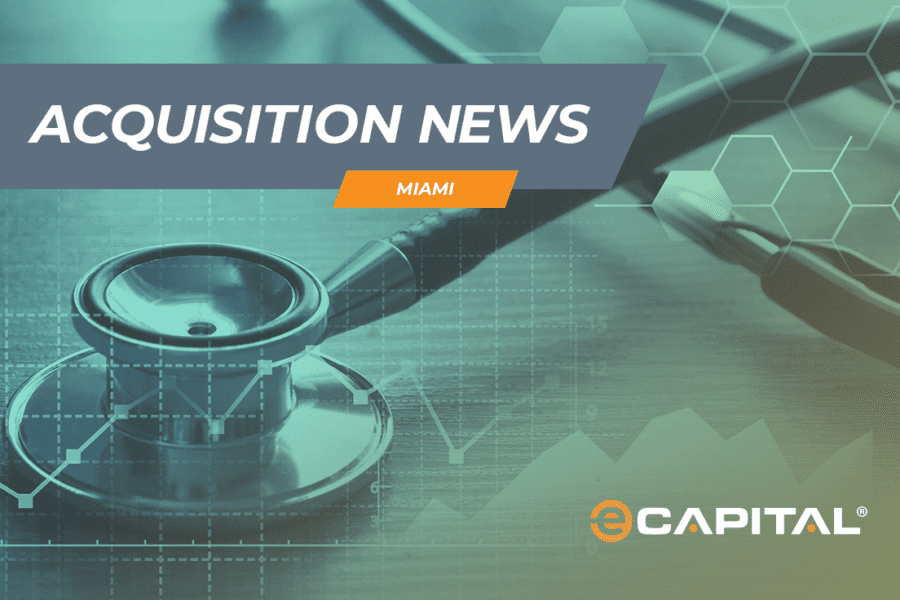 Stethoscope on a desk with the title Acquisition News Miami