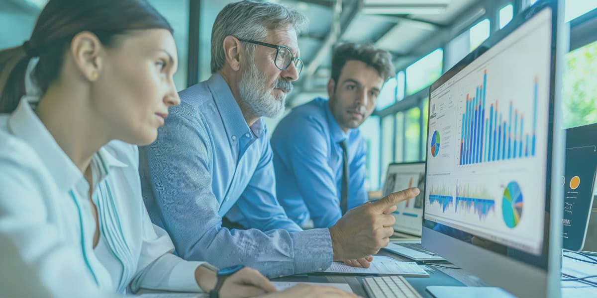 Business people reviewing numbers on a desktop screen