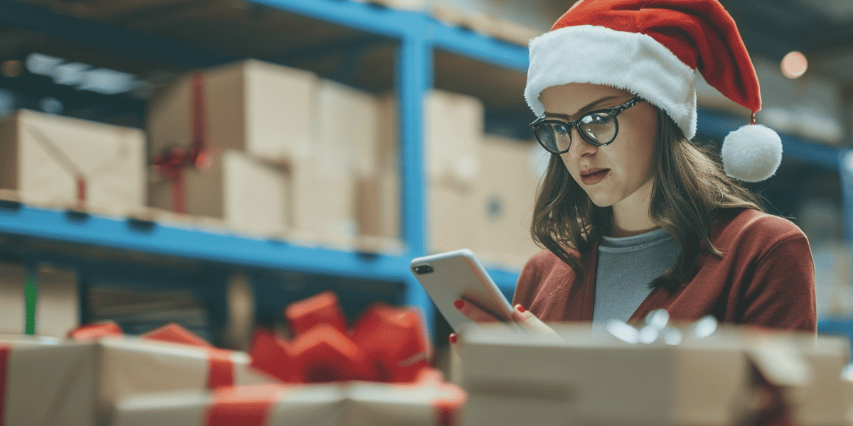 A warehouse woman working while wearing a Santa hat