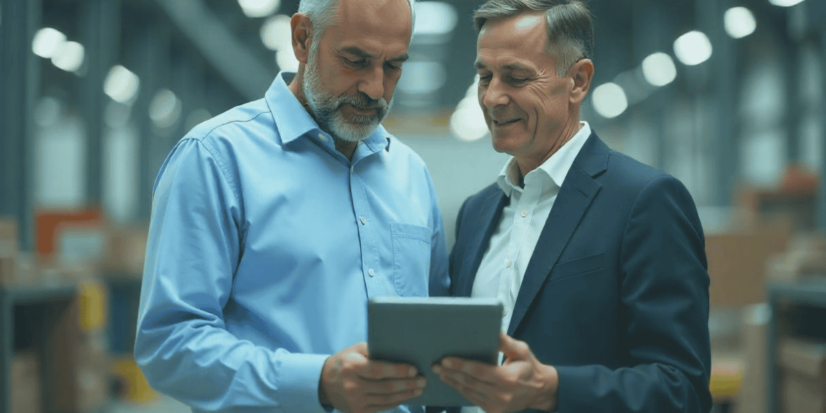 Two businessmen reviewing a tablet in their warehouse