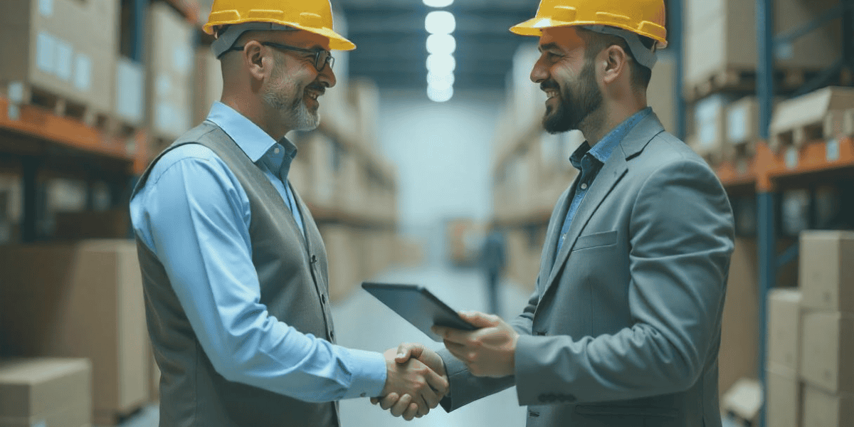 Two businessmen in a warehouse making an asset-based financing deal.