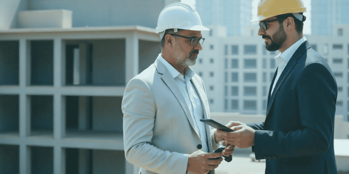 Businessmen wearing hard hats discussing a hard money loan.