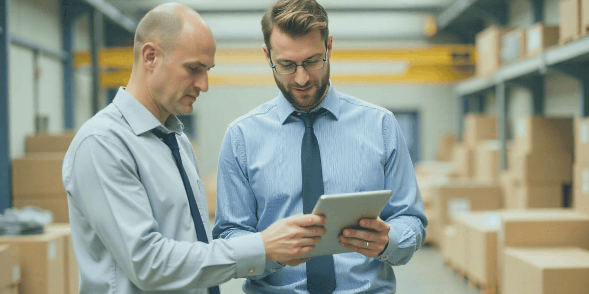 Businessmen in a warehouse looking over quick pay on a tablet.