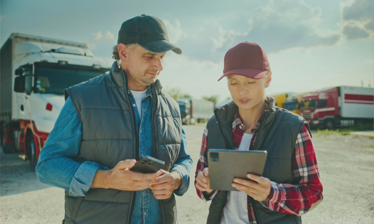 Transportation truck drivers reviewing eCapital dashboard on a tablet.