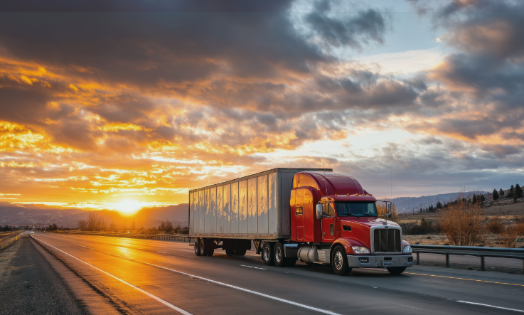 Transport truck driving on the highway with the sunset in the background.