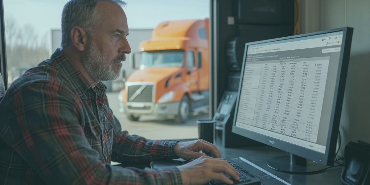 Fleet manager reviewing a spreadsheet on his computer with his fleet in the background.