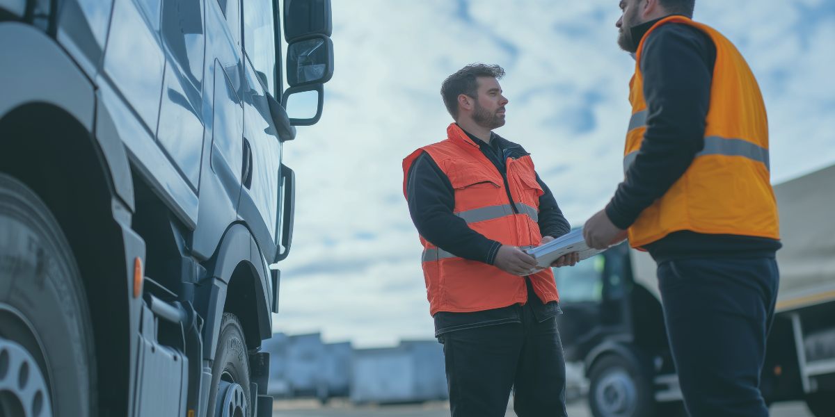 Transport operators speaking together by a haulage truck.