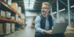 worker on laptop in a warehouse