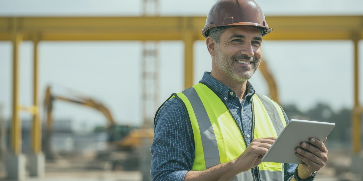 Construction worker with a tablet in his hands.