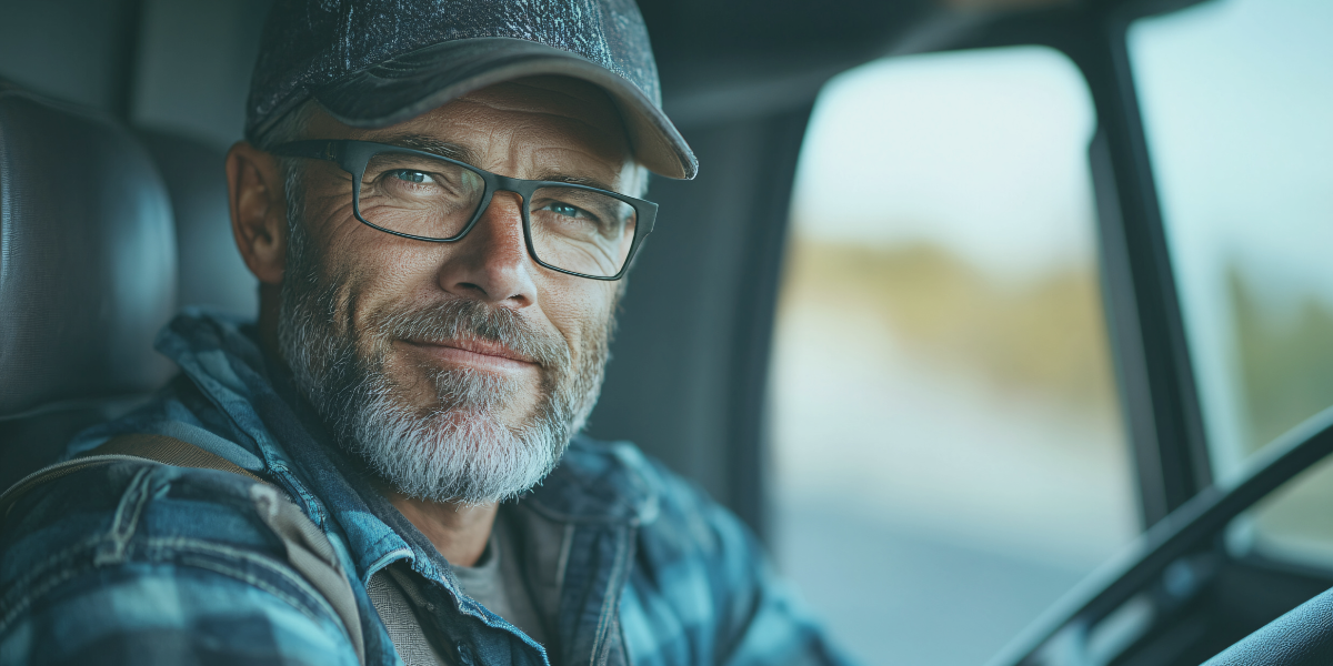 Transport truck operator sitting in his truck.