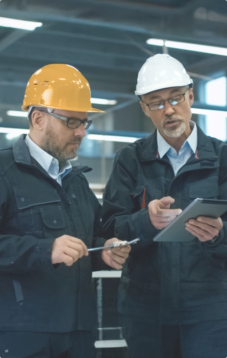 Two engineers reviewing data on a tablet