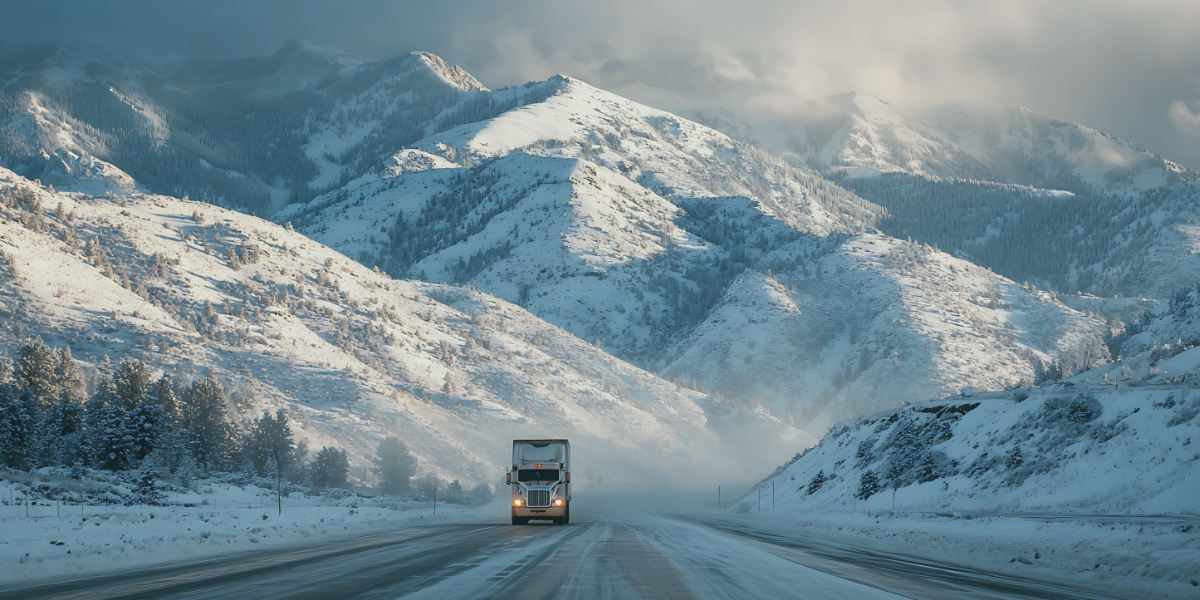 Transportation truck driving through the mountains during winter.